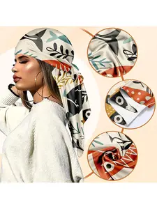 Cream Fish Leaf Print Satin Vintage Handkerchief for Women, Summer Beach Essential, Tropical Vacation Accessory