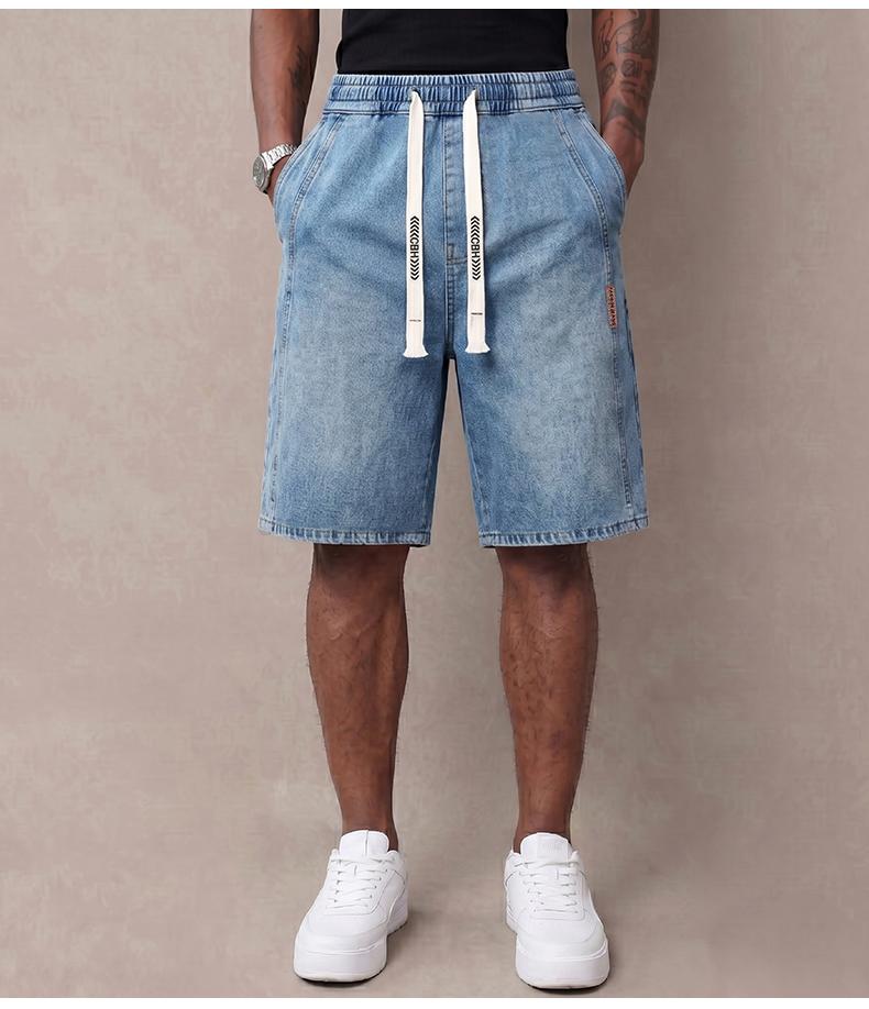 Men’s summer lightweight denim shorts — trendy short men’s pants, loose stretch mid-thigh denim shorts, classic street cotton everyday wear for men, elastic waistband drawstring denim shorts Men’s summer lightweight denim shorts — trendy short men’s pants, loose stretch mid-thigh denim shorts, classic street cotton everyday wear for men, elastic waistband drawstring denim shorts