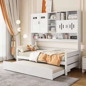 Twin Size Daybed With Bookcase and Twin Size Trundle, Wooden Platform Bed Frame with and All-in-One Cabinet and Shelf, No Box Spring Needed