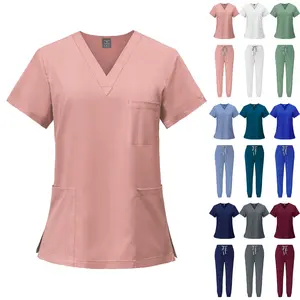 Women's Elastic Sports Nurse Medical Uniform Scrub Suit Set Workwear Pockets Breathable Scrub Pants Ribbed Waist Straight Leg Outfit