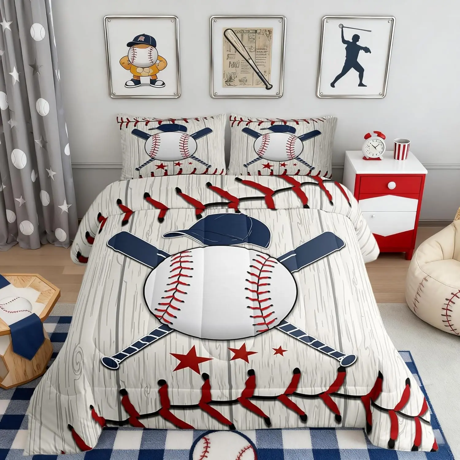 Baseball Comforter Set,Baseball Bat Bedding Set for Adults Teens,Children Rustic Wooden Comforter Luxury Sports Quilt Set Room Decor