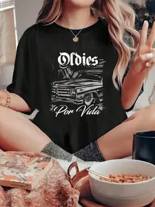 100% pure cotton Oldies Por Vida Vintage Car Lowrider Mexican Chicano T-Shirt printed t-shirts for women