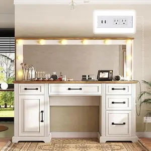 AMERLIFE 55.1" W Makeup Vanity with Hollywood Mirror, Glass Top Vanity with 5 Drawers & Adjustable Cabinet & Charging Station, 10 Detachable Light Bulbs, Bedroom/Salons/Best Gift Ideas/Christmas Gifts