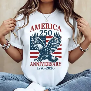 America 250 Anniversary Eagle And Flag Print T-Shirt Crew Neck Casual Tee For Independence Day Celebration Casual Daily Wear Tee For Men & Women, Apparel Made In The USA