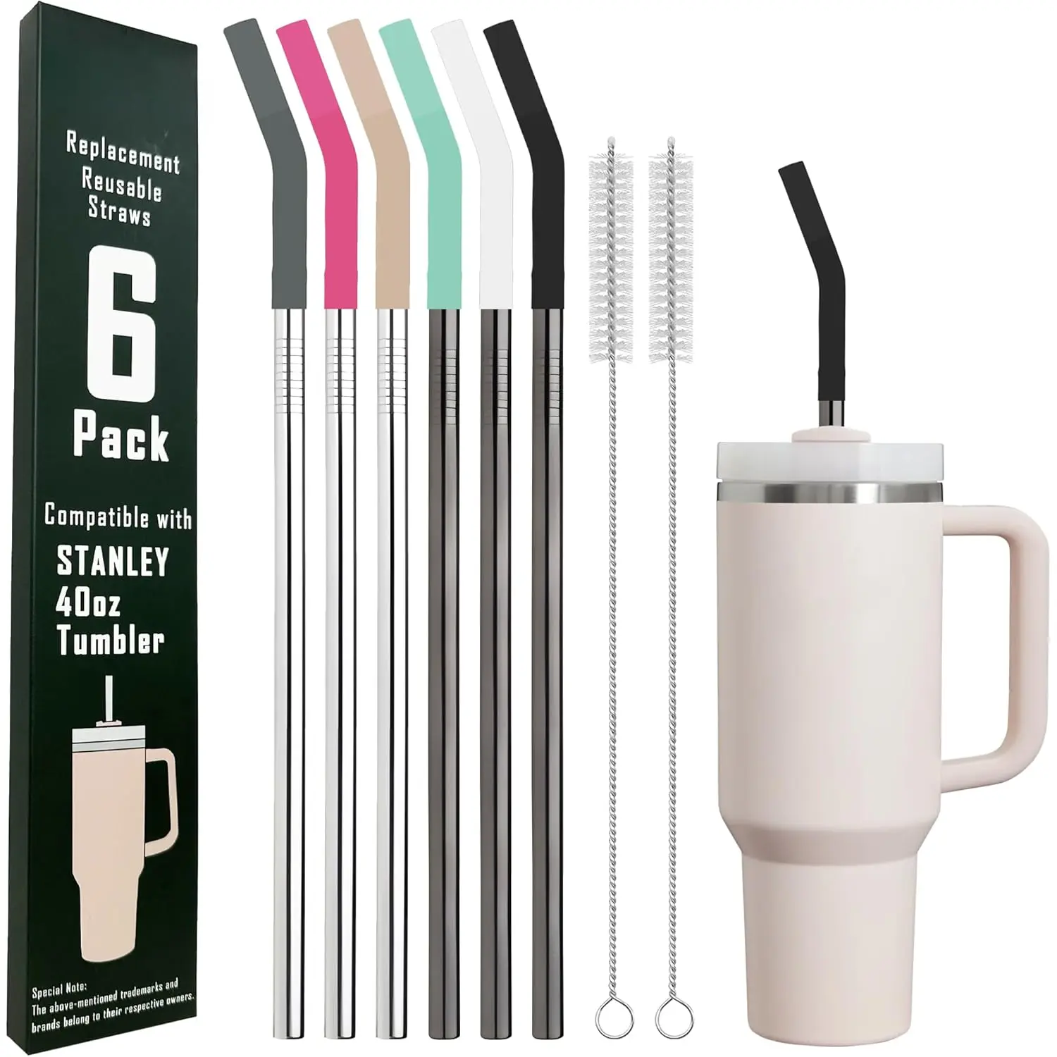 6 Pack 12 Inch Metal Stainless Steel  Straight Straw,with 6Silicone Tips and 2Cleaning Brush,for 40oz , Hydrapeak, Owala Tumbler,Simple Modern 32 40oz Tumbler(8mm 3S3B)