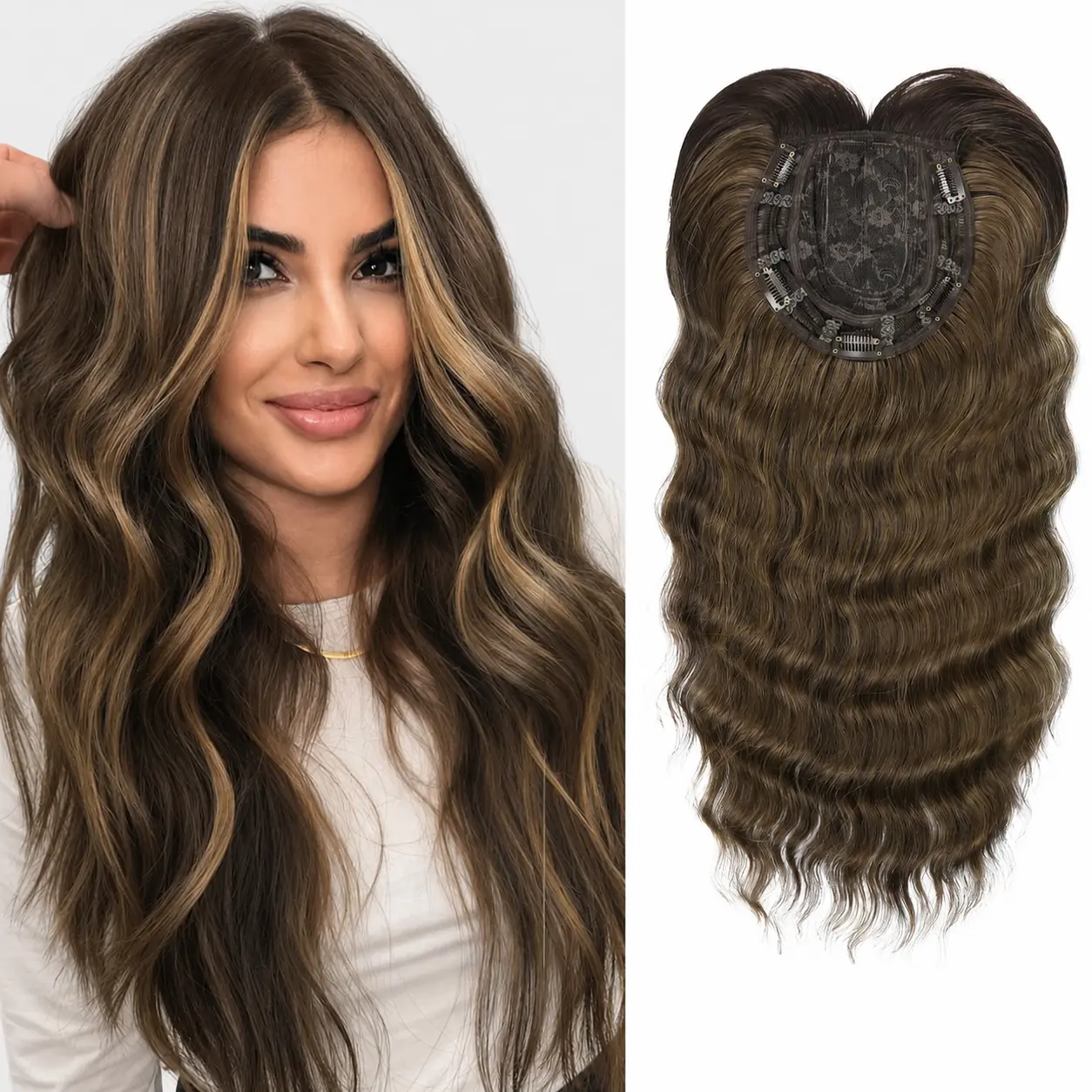 Auvzy 20 Inch Wavy Synthetic Hair Topper with Bangs – Lightweight Clip-In for Thinning Hair, Natural Volume & Daily Confidence Boost
