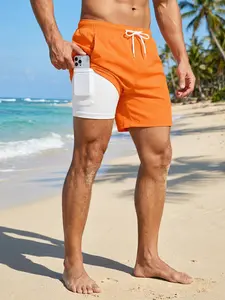 Mens 2 in 1 Board Shorts with Phone Pocket, Summer Casual Beach Shorts, Quick Dry Swim Shorts Swim Trunks with Side Pockets Drawstring Elastic Waistband Swimwear Swimsuit Bathing Suit