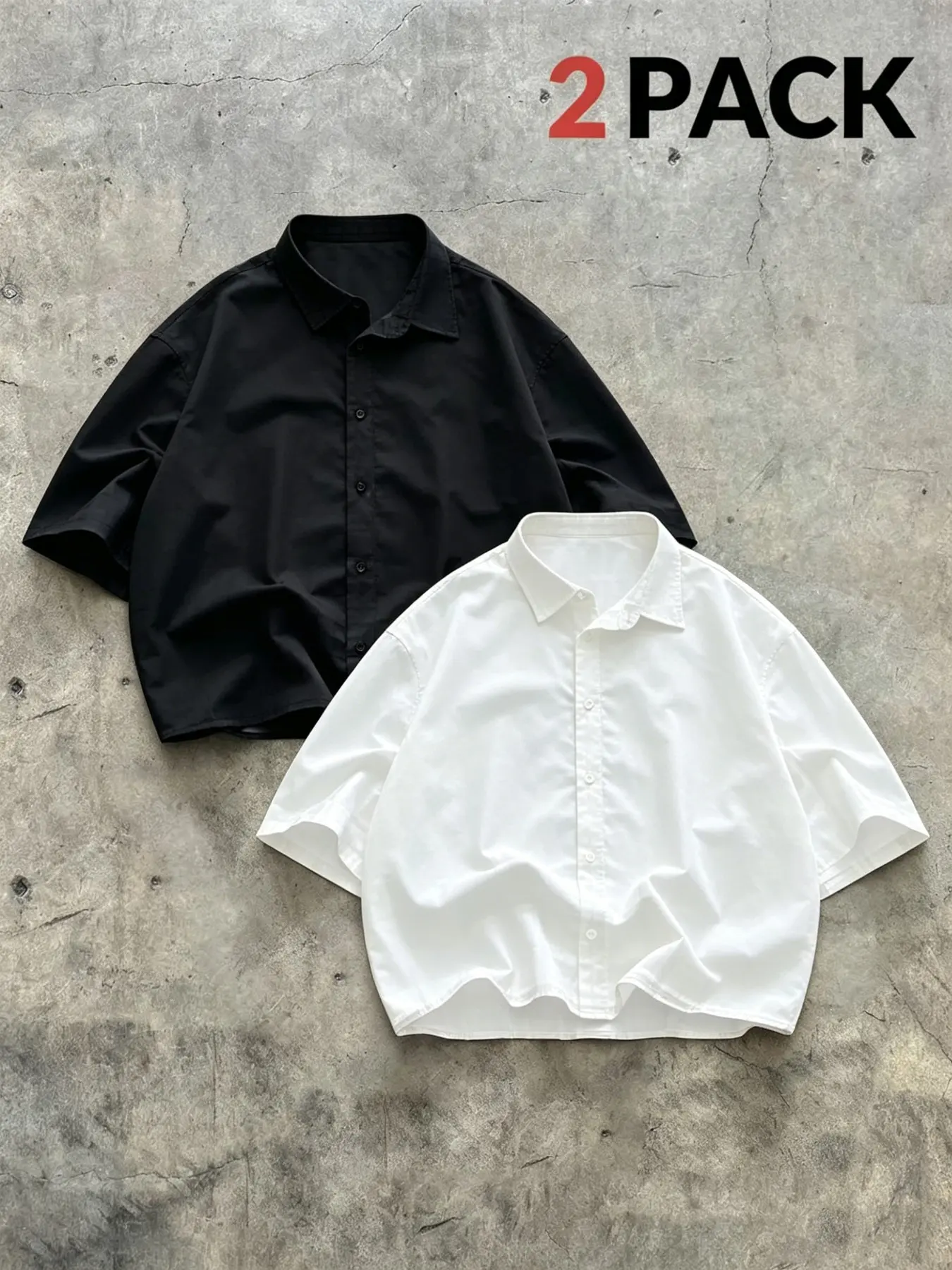 Casual Shirt Two-Pack, Short: A versatile set featuring black and white colors for easy rotation. Crafted from lightweight, breathable fabric, these shirts feature a cropped, dropped-shoulder silhouette