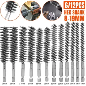 Dazone 6/12 Pcs Stainless Steel Bore Brush Set with 1/4" Hex Shank Twisted Wire Bristles, Different Sizes (8, 10, 12, 15, 17, 19mm) for Rust and Tube Cleaning Silver