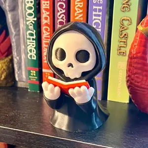 Chibi Reading Grim Reaper Bookshelf Decor - Cute Spooky Wraith Figure - 3D Printed Bookish Decor