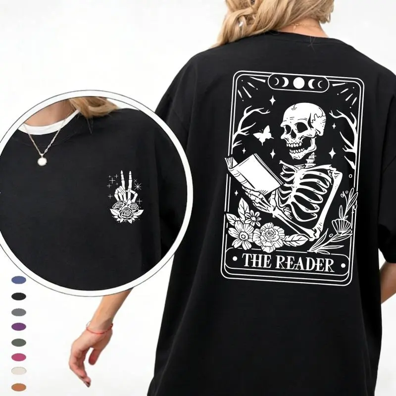 The Reader Tarot Card Front And Back Printing Shirt, Skeleton Reading T-shirt, Book Lover Gift For Women, Book Lover Tee, Tarot Card Shirt