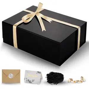 Large  Box with Lid, 13.5 x 10 x 3.5 Inch Black   Box for Presents with Card, Ribbon, Filler, Collapsible Boxes of Paper for Birthday, Wedding, Christmas (Glossy)