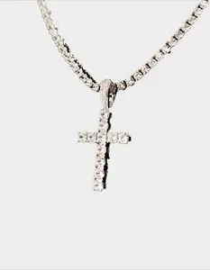 GLD  Mens White Gold Plated Stone Cross Pendant, Silver