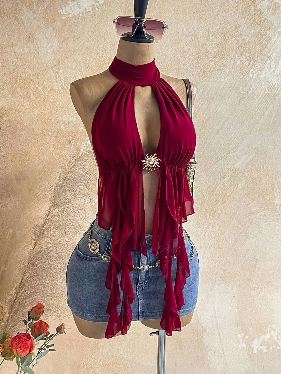 Women's Dark Red Summer Halter Neck Top With Metal Sun Decor, Sexy Chic Boho For Party Night Out Club Night, Beach Vacation Music Festival Tops