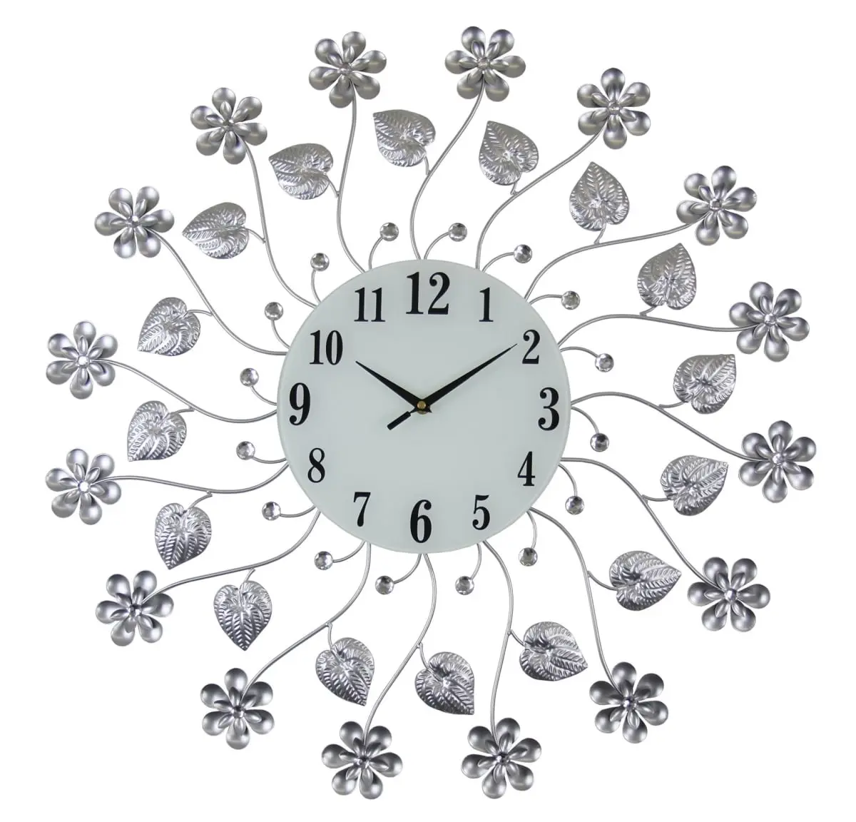 360 stand 27-in Contemporary Silver White & Black Metal & Glass Silent Mechanical Flower Round Wall Clock, Wall-Mount Living Room Home Decor, Floral, Room Decor, 9-Inch Wall Clocks
