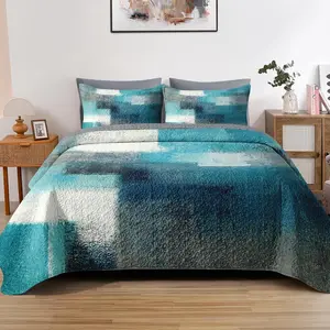 Quilt Set Full/ Size, Turquoise Grey Painting 3 count Soft Bed Cover Bedding Set for  and Adults, Teal Contemporary Gray Lightweight Bedspread Coverlet with Pillow Sham for  Season