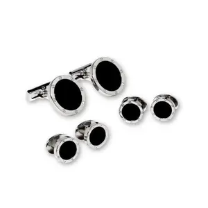 Black Onyx in Silver Screwhead Setting Studs & Cufflinks Set