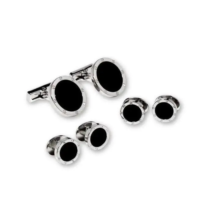 Black Onyx in Silver Screwhead Setting Studs & Cufflinks Set