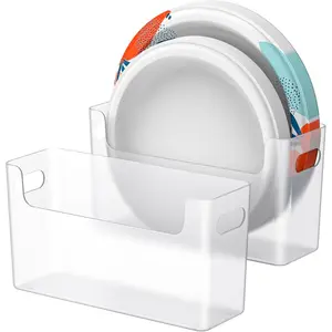 2Pcs Transparent Paper Plate Dispenser, Fits 6-9.5 Inch Disposable Plates, Space-Saving Storage Organizer for Plastic Foam Paper Plates for Cabinet Countertop RV Outdoor