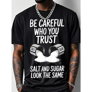 Men's Fun Fitness T-Shirt with Salt and Sugar Trust Pattern Print- 180g Heavy Cotton Loose Fit Breathable Short Sleeve Round Neck Casual and Sports Top, Suitable for Summer- Salt Bottle Design Fitness Clothing, Suitable for Salt Lovers(Machine Was