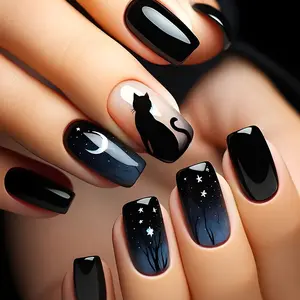Midnight Cat Night Sky Press-On Nails – Elegant Black False Nails Featuring Moon, Stars, Silhouette Cat and Tree Design, Easy to Apply and Remove, Durable Reusable Nails for Halloween, Parties and Everyday Stylish Looks trendy woman girl nail art