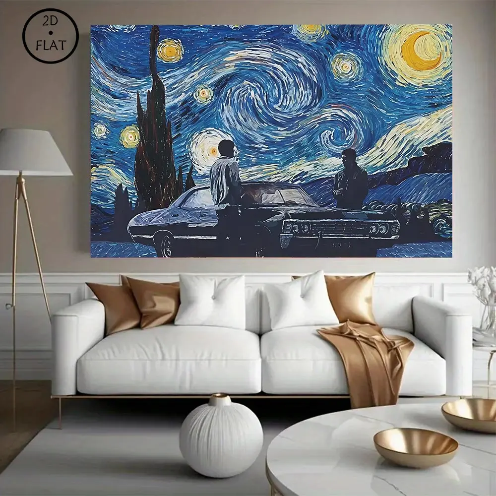 Retro Aesthetic Wall Decor, Supernatural American TV Series Canvas Print Combined With Van Gogh Starry Night Art Poster Vintage