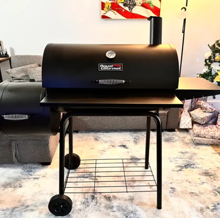 Royal Gourmet 28" Stainless SteelBarrel Charcoal Grill with Smoker and Side Table, 475 sq in, Warming Rack, Legs, Smoker, Storage, Thermometer, Tool Hooks, Wheels / Casters