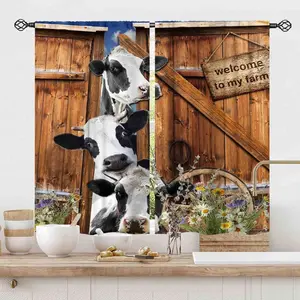 Cow Curtains, Rustic Farmhouse Dairy Cattle Animals Wooden Barn Door Rural Country Style Western Cottage Window Curtains for Cafe Bedroom Living Room Kitchen Bathroom 2 Panels, 39x27.5 Inch