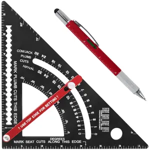 1PC Carpenter Square, 7 Inch Woodworking Triangle Ruler Aluminum Alloy Rafter Square with Adjustable Protractor - Multipurpose Carpentry Measuring Tool for 0-90° Angle, Marking, Saw Guide, Includes Ballpoint Pen