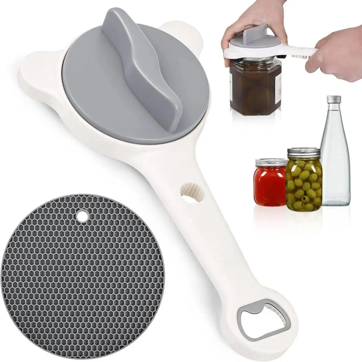 4-in-1 Ergonomic Adjustable Kitchen Jar Opener with Non-Slip Pad - Durable, Multi-Function Tool for Weak Hands, Kids, Daily Use - Opens Large Pickle Jars, Soda, Wine, Bottles, Cans - Left-Handed Friendly, Dishwasher Safe