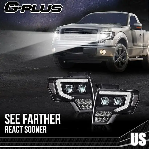G-PLUS Headlights for 2009-2014 Ford F150 Dual LED Projector Headlight Assembly Driver & Passenger Side Pair Clear Black