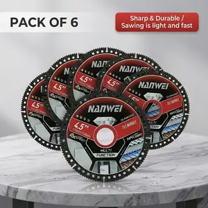 6 ultra-thin diamond saw blades, 4.5-inch tile cutting blades, suitable for smooth cutting of tiles, ceramics, granite, and marble.  Cuts various materials, bevels, and grinds in seconds. Suitable for power tools.