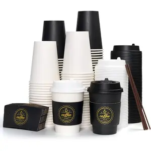 12 oz Pack of Disposable Coffee Cups for Hot Beverages, with Lids, Sleeves and Stirrers (Black and White)