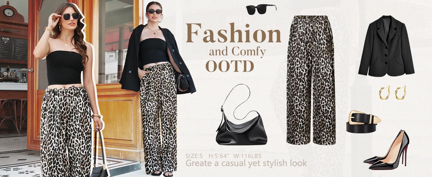 Wiholl Wide Leg Pants for Women Flowy Palazzo Drawstring Elastic Waist Trousers with Pockets Summer Beach Vacation Clothes