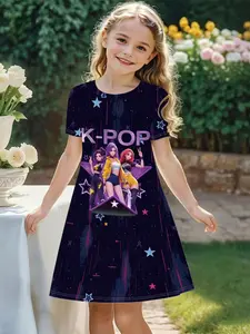 Girls' Star Pattern Digital Print Asymmetrical Design Dress, Casual Knee-Length Skirt, Perfect for School, Halloween, Christmas, Birthday Parties, Events, Kids' Gift Option