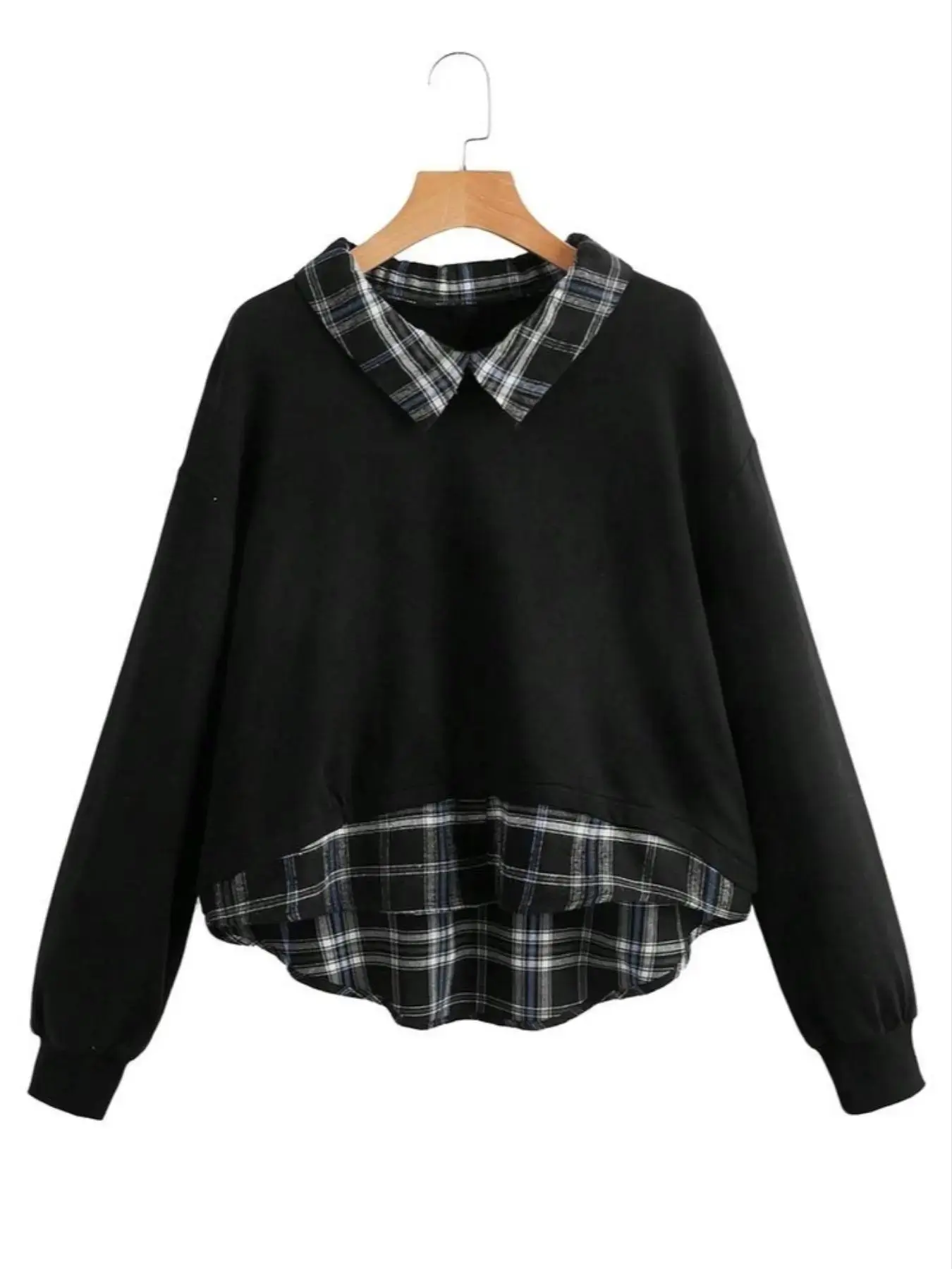 Women Long Sleeve Fitted Sweatshirt Contrast Plaid Neckline Hem Casual Trendy 2026