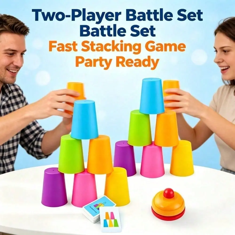 Cup Stacking Game Set with Colorful Cups, Hand-Eye Coordination Training, Multiplayer Mode, Quick-Answer Cards, Portable Indoor Tabletop Puzzle Toy for Parties, Outdoor Picnics
