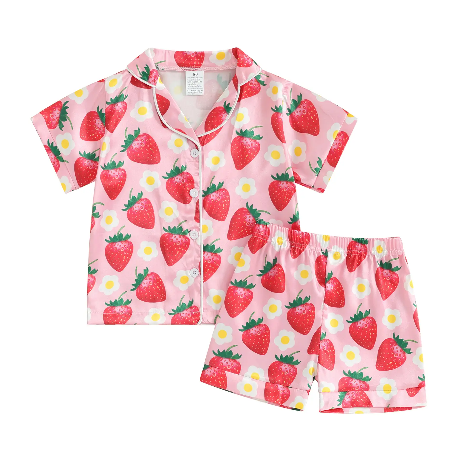 Toddler Girls Summer 2PCS Pajama Sets Short Sleeve Lapel Shirt Strawberry Print Shorts Sleepwear