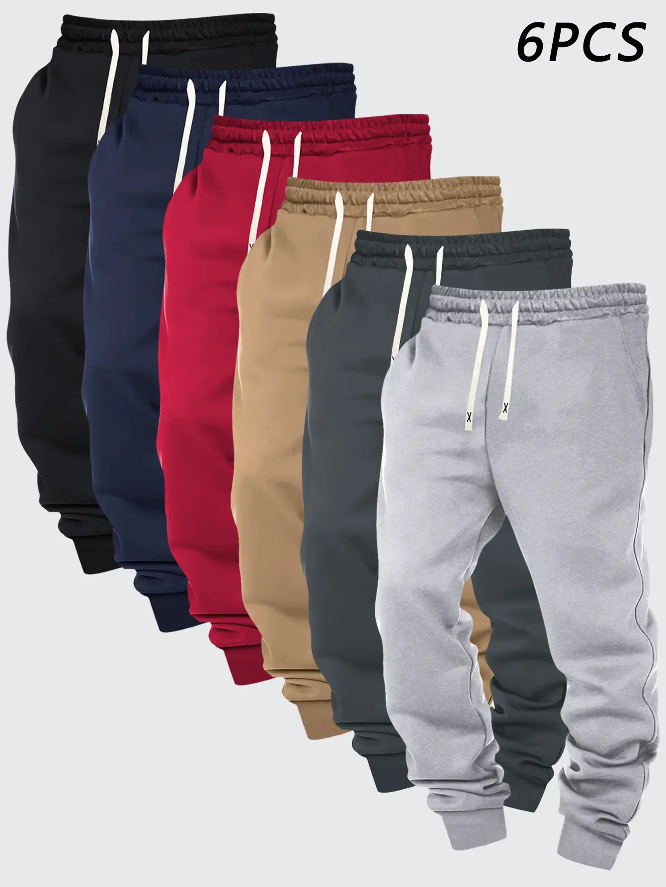 Men's 6-Piece Tapered Pants Set, New Spring-Fall Casual Sport Sweatpants, Solid Color Smooth Fabric, Regular Fit, Large Sizes, Elastic Waist with Drawstring, for Travel Camping