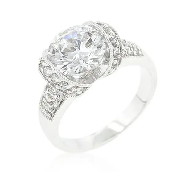 Genuine Rhodium Plated Tension Set Engagement Ring with Round Cut Center and Accent Stones in Silvertone - Size 5