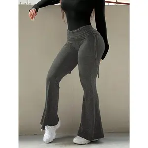 Drawstring Ruched Flare Leg Pants, Casual Solid Color Skinny High Waist Pants For Spring & Fall, Women's Clothing Womenswear Bottom