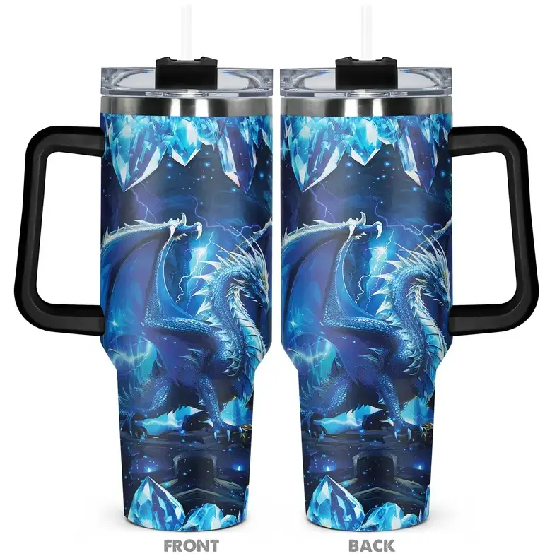 [Gift Box Included] 40oz, 20oz Flying Dragon Print Stainless Steel Tumbler with Handle and Straw Vacuum Insulated Travel Mug Fits Car Cup Holder Fantasy Gift for Dragon Lovers