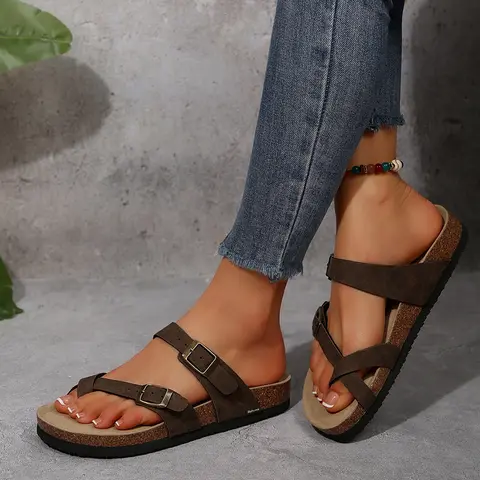 Womens Adjustable Buckle Strappy Slip-On Slippers Cork Footbed Slides For Sandals Outdoor Summer Footwear Summer Vibes