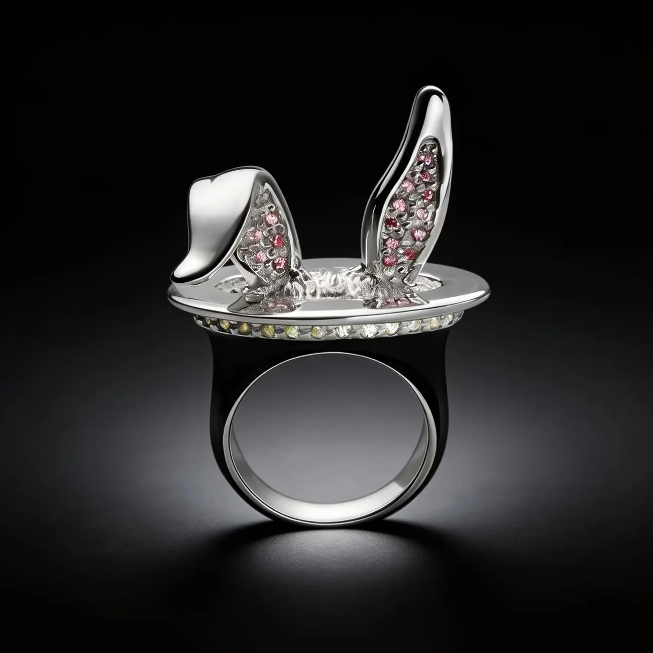 Magic Hat Rabbit Ring - 3D Rabbit Ear Design, High-Gloss Silver-Tone Silver-Plated, High-Shine Synthetic Zircon, Everyday Wear, Fairy Tale Magic Charm, Special Gift Costume Jewelry Ring, High Gloss Shine