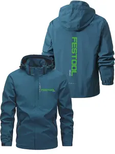 Men's Fashionable Festool Logo Jacket, Casual Hooded Design, Zipper Pockets, Polyester Material, Loose Fit, Spring & Fall Wear