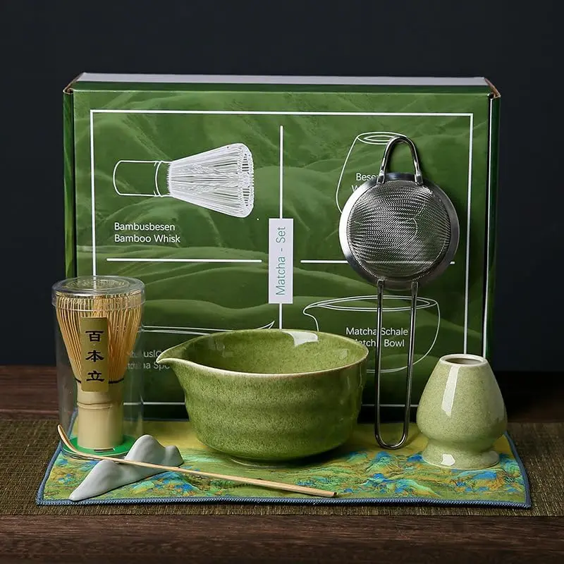 7pc Matcha Tea Set – 7pc Japanese Matcha Whisk Set with Bowl & Spout, Bamboo Whisk, Scoop, Sifter, Spoon Holder & Towel – Matcha Starter Kit & Gift Set (Matte Green)