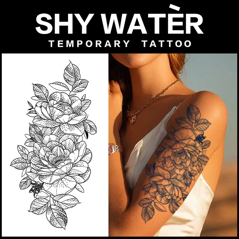 2PCS Vintage Black Stippling Sketch Peony Floral Large Arm Sleeve Temporary Tattoo Stickers, Long Lasting Waterproof Semi-Permanent Realistic Fake Body Art Tattoos, Elegant Big Wildflower Peony Full Arm Shoulder Sleeve Tattoo Stickers For Men Women