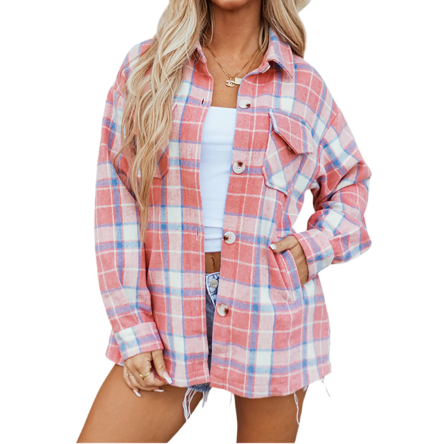 Pink Plaid Flap Pocket Button Up Shacket