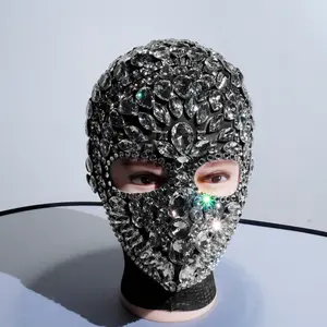 Handmade Clear Rhinestone Balaclava Mask Rave Carnival Cosplay Clubwear Halloween Costume Nightclub Performance Drag Queen Outfit