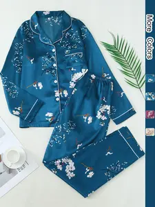 Two-Piece Set Women's Ditsy Floral Print Lapel Neck Pocket Shirt & Pants Satin Pyjama Set, Long Sleeve Button Front Top & Trousers PJ Set, Women's Sleepwear for All Seasons, Pajama Set